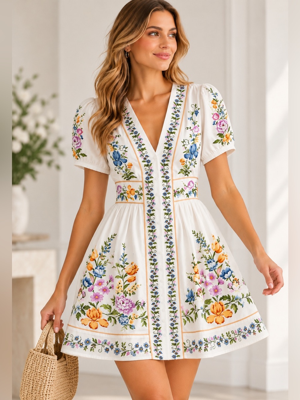 Calypso White Floral V-Neck Puff Sleeve Bordered Mini Dress Size S